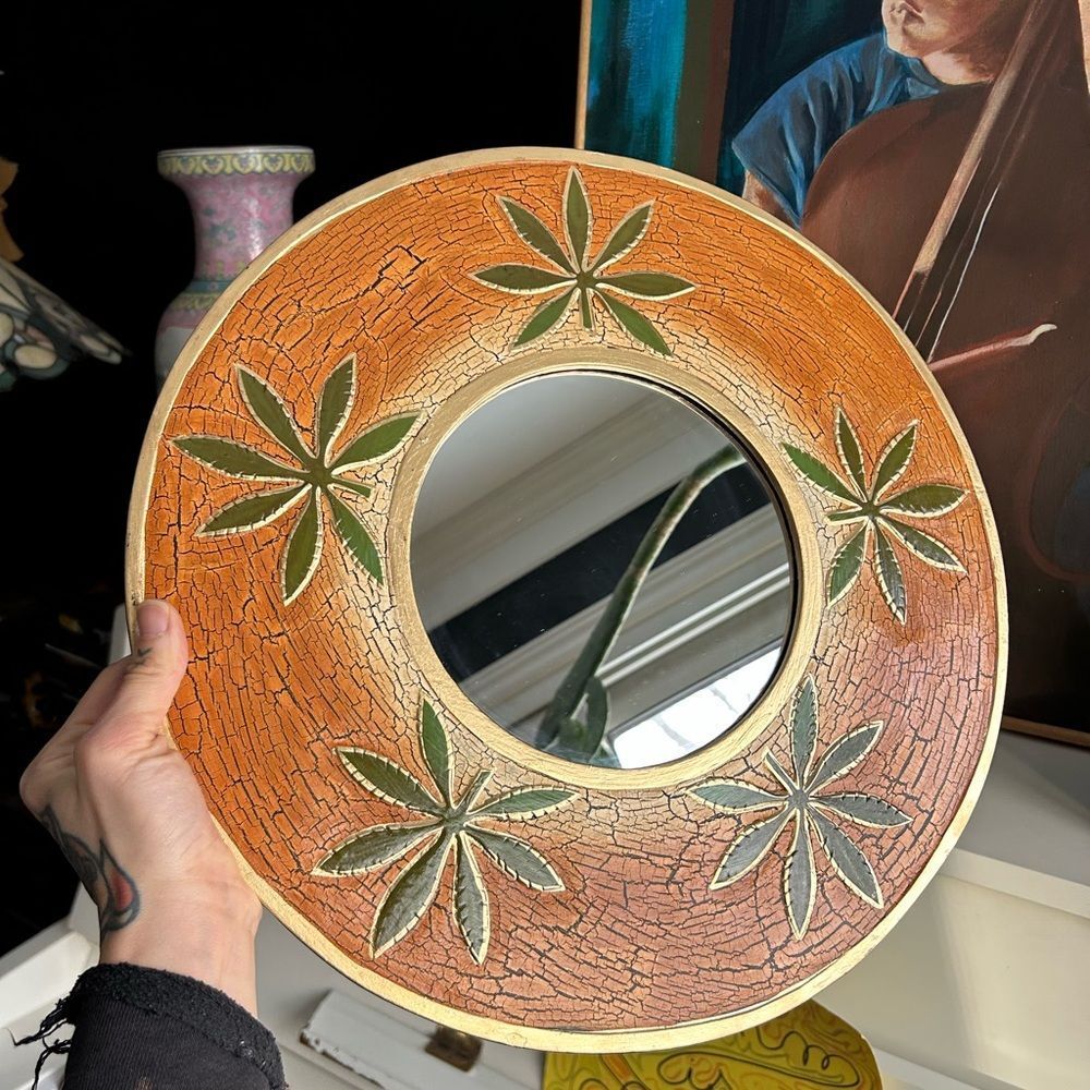 Vintage 15.75" Orange and Green Crackled Wood Decorative Mirror - Picture 4 of 14